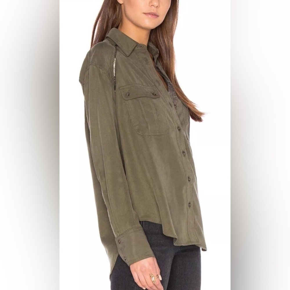 Free People Off Campus Metallic-Detail Button-Down Shirt in Moss - Size M - Picture 3 of 6